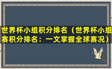 世界杯小组积分排名（世界杯小组赛积分排名：一文掌握全球赛况）