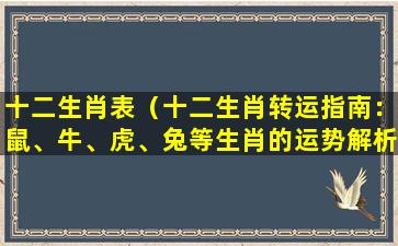 十二生肖表（十二生肖转运指南：鼠、牛、虎、兔等生肖的运势解析）