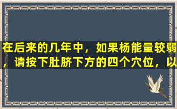 在后来的几年中，如果杨能量较弱，请按下肚脐下方的四个穴位，以使肾脏温暖！可以保证一百年的生活才能实现生活