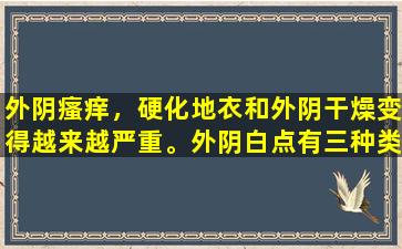外阴瘙痒，硬化地衣和外阴干燥变得越来越严重。外阴白点有三种类型