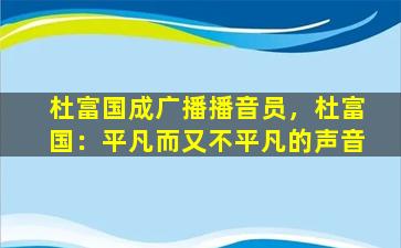 杜富国成广播播音员，杜富国：平凡而又不平凡的声音
