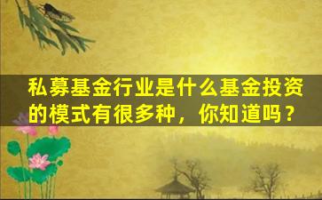 私募基金行业是什么基金投资的模式有很多种，你知道吗？